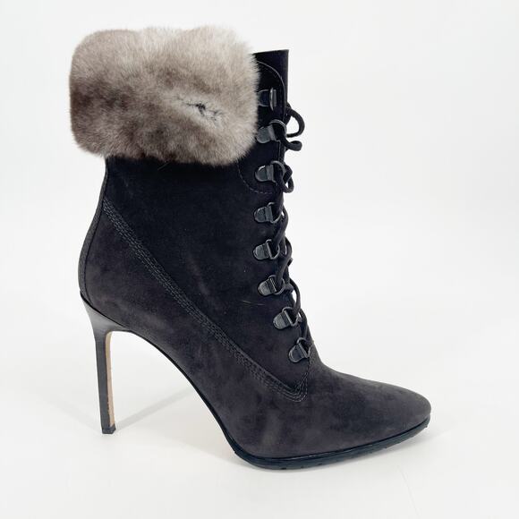 Manolo Blahnik Y2K Oklamod Dark Taupe Suede Fur Trim Lace Up Ankle Boots IT 38 - Picture 2 of 11
